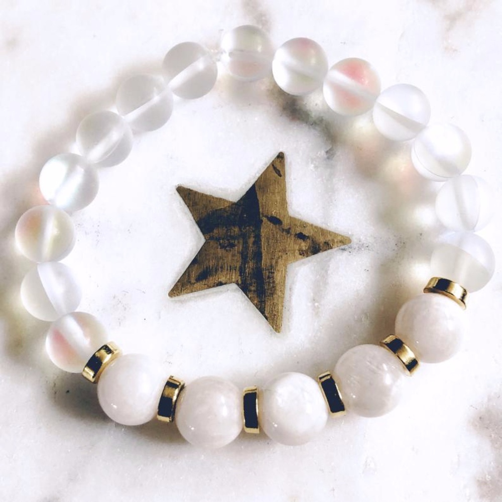 Moonstone and Aura Quartz Mala Bracelet